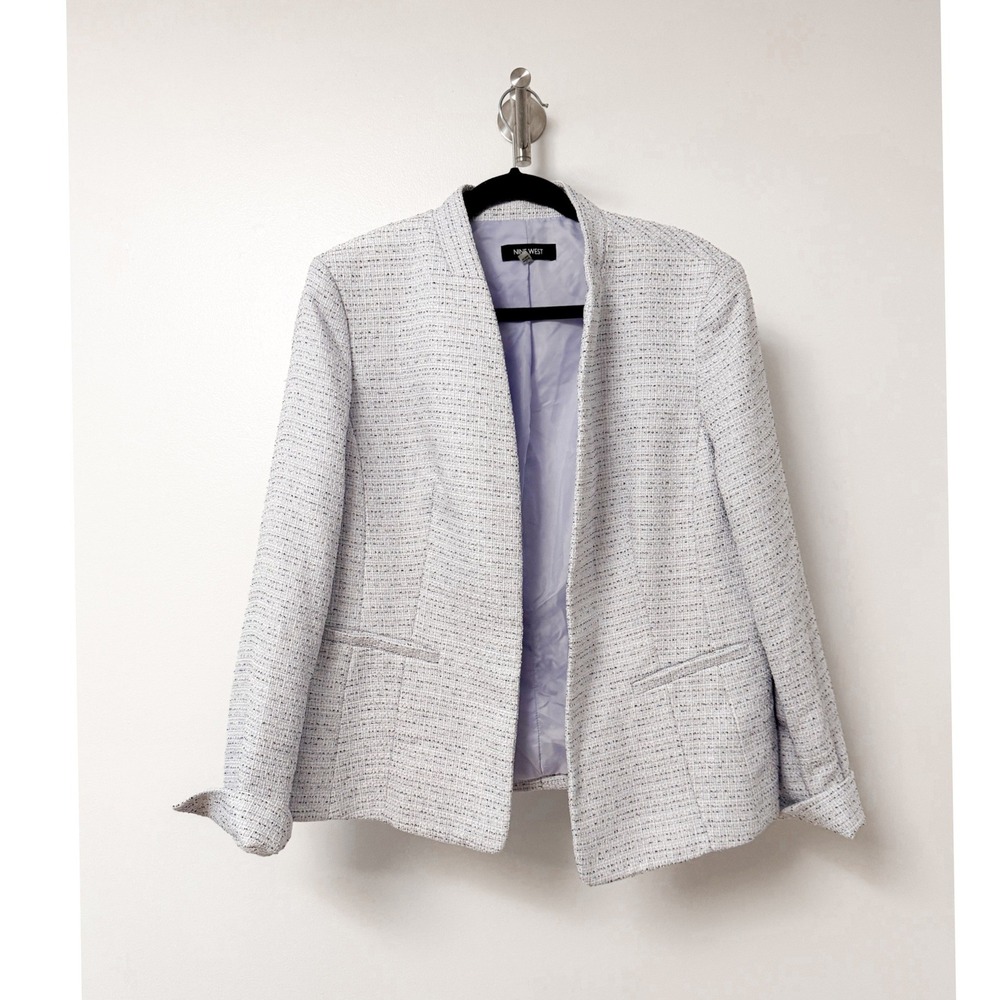 Nine West Womens Light Blue White Tweed Open Front Collarless Blazer Jacket L